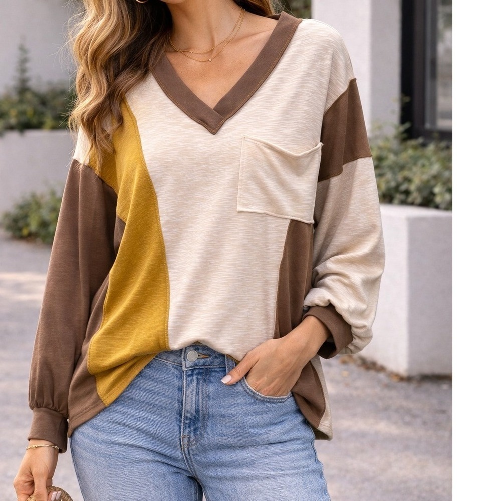 BiBi Womens Colorblock V-Neck Long Sleeve Top Brown‎ Mustard Cream Large